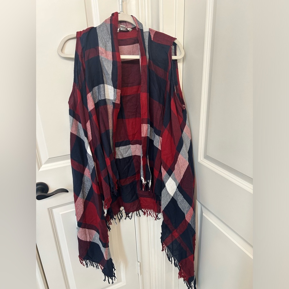 Red and blue plaid shrug